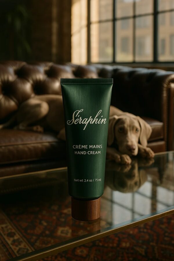 Crème mains Séraphin posée sur une table en verre, dans un salon élégant au style vintage, avec un canapé en cuir marron en arrière-plan et un chien allongé au sol, créant une ambiance chaleureuse et sophistiquée.