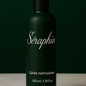 Flacon pompe de gelée nettoyante Séraphin de 100 ml, au design épuré et masculin. Bouteille vert foncé mate avec typographie manuscrite élégante, posée sur une surface en marbre clair, sur fond vert profond.