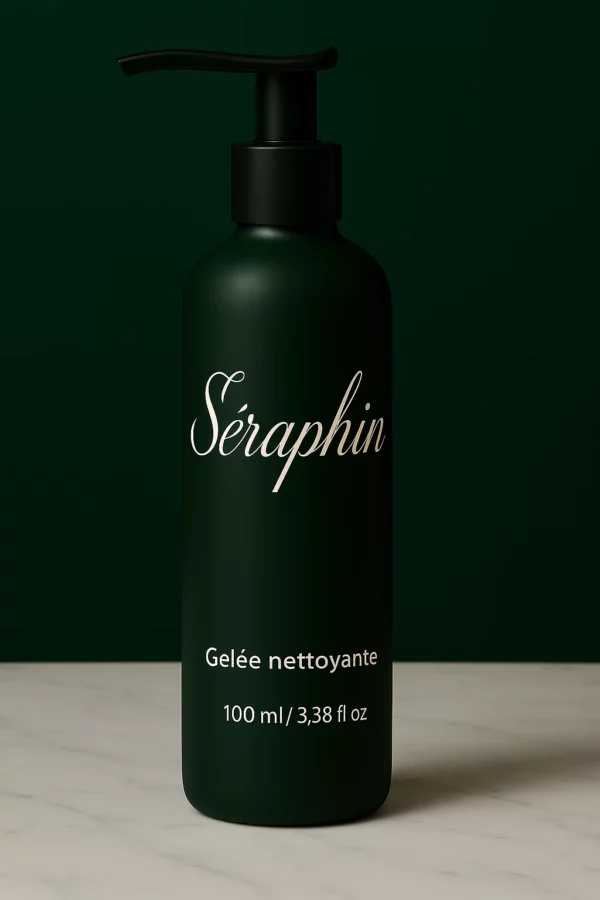 Flacon pompe de gelée nettoyante Séraphin de 100 ml, au design épuré et masculin. Bouteille vert foncé mate avec typographie manuscrite élégante, posée sur une surface en marbre clair, sur fond vert profond.
