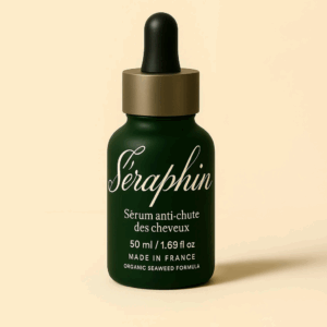 Flacon de sérum anti-chute des cheveux Séraphin de 50 ml, présenté sur fond beige minimaliste. Design élégant avec flacon vert profond, typographie manuscrite et pipette noire. Formule française à base d’algues biologiques.