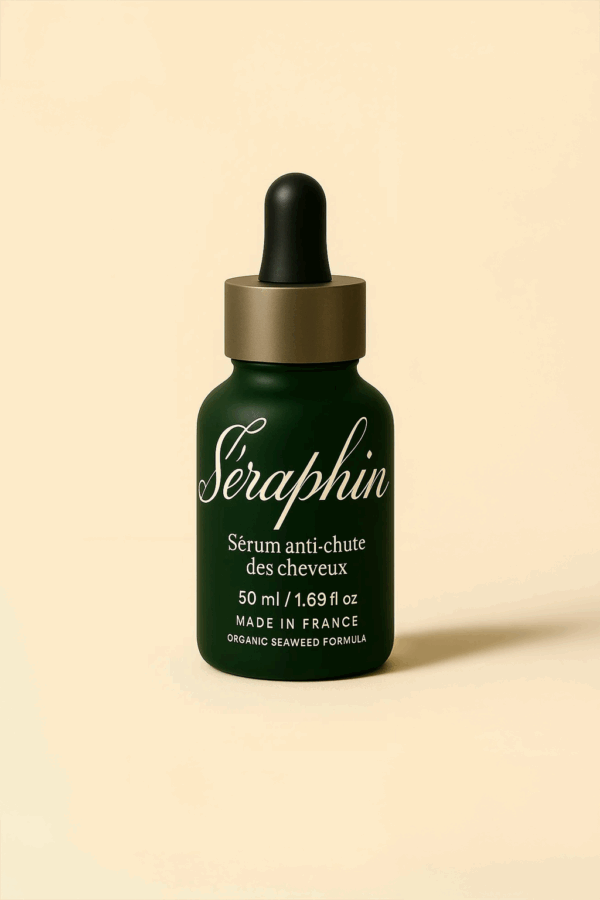 Flacon de sérum anti-chute des cheveux Séraphin de 50 ml, présenté sur fond beige minimaliste. Design élégant avec flacon vert profond, typographie manuscrite et pipette noire. Formule française à base d’algues biologiques.