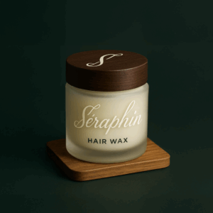 Pot de cire coiffante pour cheveux Séraphin, en verre givré avec un couvercle en bois foncé gravé du logo “S”, posé sur un socle en bois, sur fond vert profond. Un design sobre et raffiné illustrant l’élégance masculine naturelle.