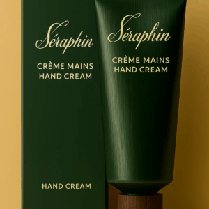 Crème mains Séraphin présentée avec son étui, sur fond jaune ocre. Le tube vert profond à texture satinée et base en bois est assorti à son packaging raffiné, tous deux ornés de typographies dorées en français et anglais, reflétant l’élégance de la marque.