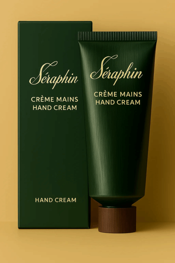 Crème mains Séraphin présentée avec son étui, sur fond jaune ocre. Le tube vert profond à texture satinée et base en bois est assorti à son packaging raffiné, tous deux ornés de typographies dorées en français et anglais, reflétant l’élégance de la marque.